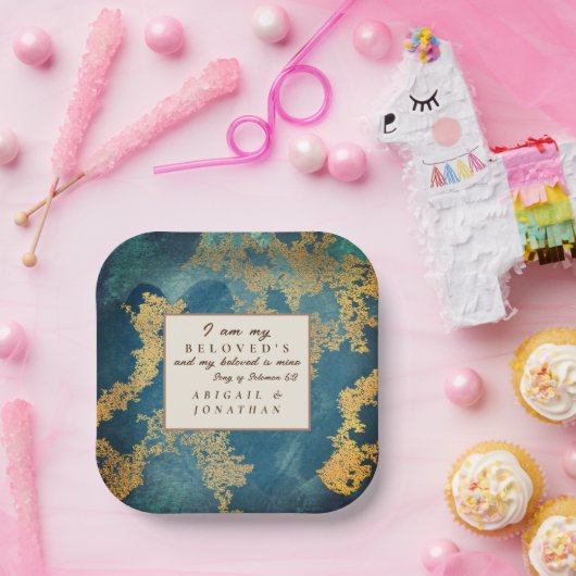 Assiettes En Carton Turquoise or moderne Art Mariage Bible Verse (Fête)