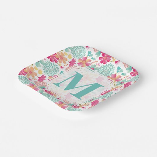 Assiettes En Carton Turquoise Pink Painted Floral monogram Napkins (Angulaire)