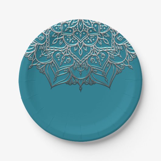Assiettes En Carton Turquoise & Silver Mandala Elegant Minimal Mariage (Devant)