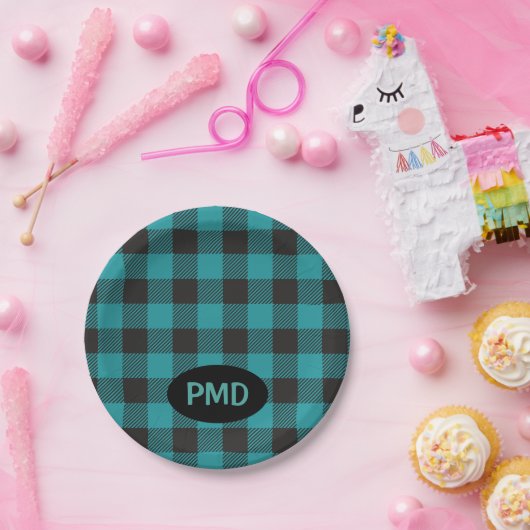 Assiettes En Carton Turquoise Turquoise Bleu Bleu Buffalo Plaid Monogr (Fête)