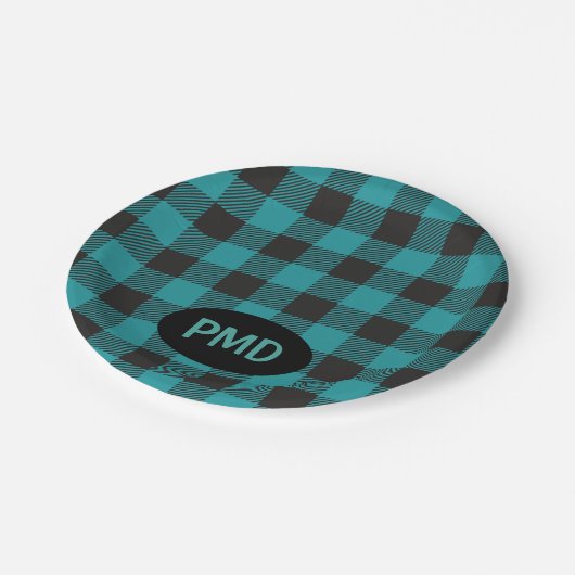 Assiettes En Carton Turquoise Turquoise Bleu Bleu Buffalo Plaid Monogr (Angle)