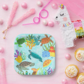 Assiettes En Carton Turquoise Turquoise sous-marine Tortues coraux océ (Fête)