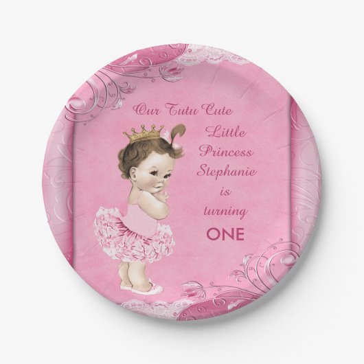 Assiettes En Carton Tutu Cute 1er anniversaire Brunette Princesse Faux (Devant)