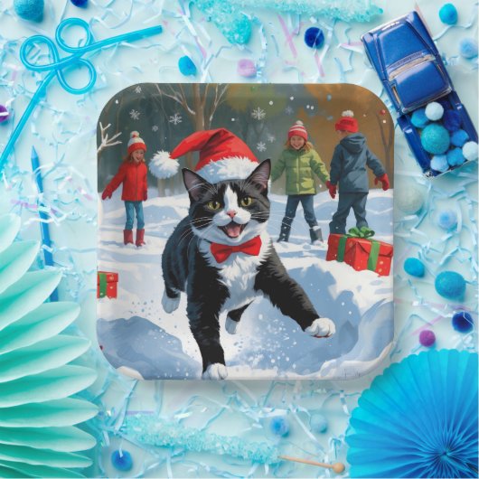 Assiettes En Carton Tuxedo Chat coule en neige avec Casquette de Noël (Fête)