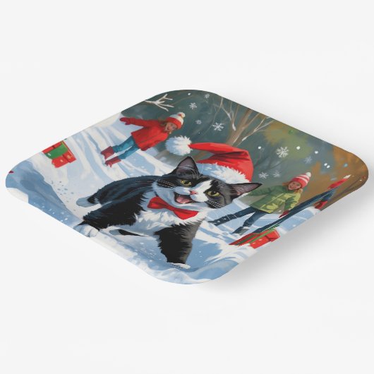 Assiettes En Carton Tuxedo Chat coule en neige avec Casquette de Noël (Angulaire)