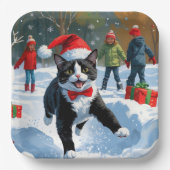 Assiettes En Carton Tuxedo Chat coule en neige avec Casquette de Noël (Recto)