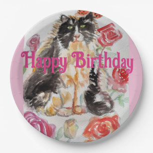 Assiettes En Carton Tuxedo Chat Cute Rose Fleurs Chats Aquarelle Rose