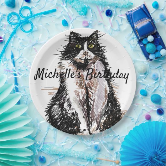 Assiettes En Carton Tuxedo Chat Dessin art Anniversaire Plaque papier (Fête)
