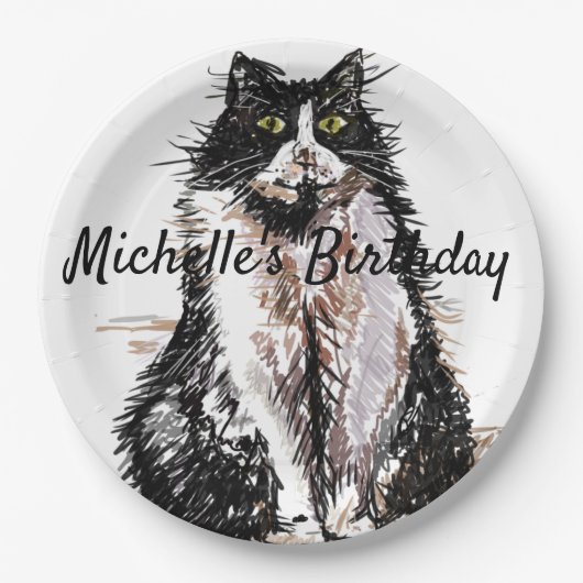 Assiettes En Carton Tuxedo Chat Dessin art Anniversaire Plaque papier (Devant)