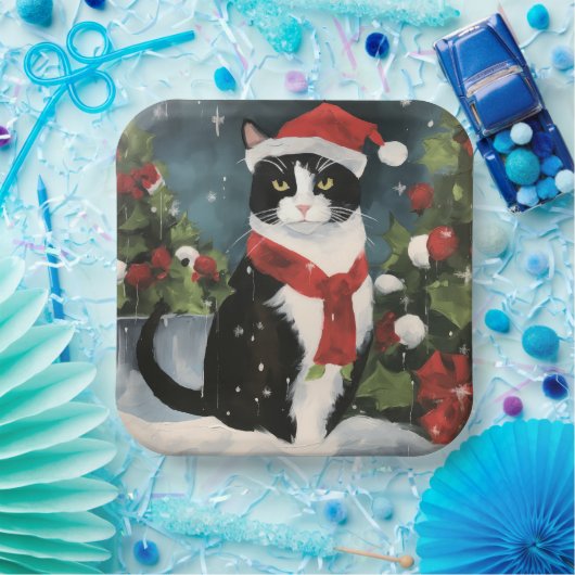 Assiettes En Carton Tuxedo Chat en Noël de neige (Fête)
