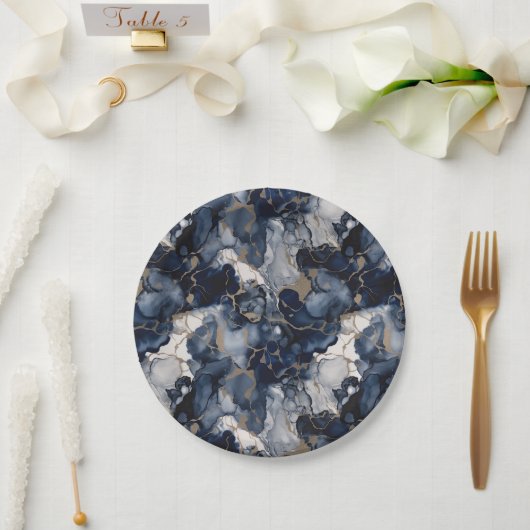 Assiettes En Carton Twilight Navy bleu et gris avec l'or antique (Mariage)