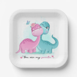 Assiettes En Carton Twin Aqua et Dinosaur rose