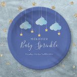 Assiettes En Carton Twinkle Sprinkle Little Star Baby shower bleu<br><div class="desc">Avec de mignons nuages bleus et des étoiles d'or sur des cordes,  sur un arrière - plan bleu,  ces jolies plaques en papier sont parfaites pour un bébé garçon sprinkle spécial,  douche ou douche à couple. Conçu par Thisisnotme©</div>