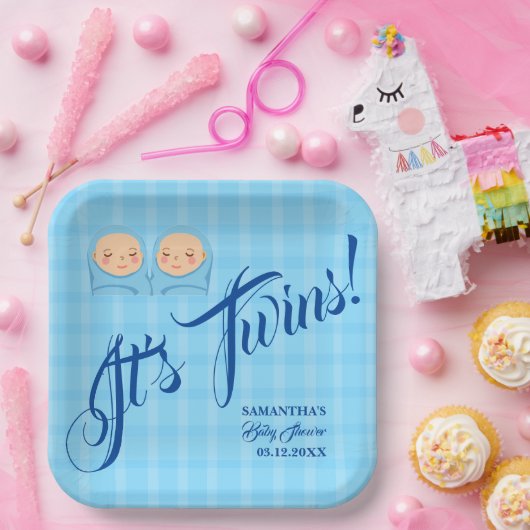 Assiettes En Carton Twins Boys Baby shower Party Blue. (Fête)
