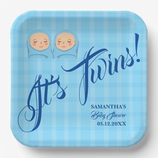 Assiettes En Carton Twins Boys Baby shower Party Blue. (Recto)