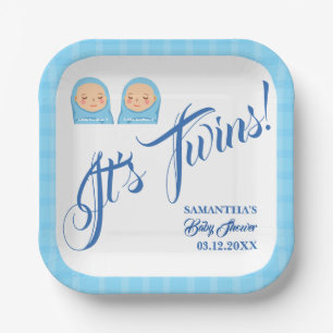 Assiettes En Carton Twins Boys Baby shower Party Blue.