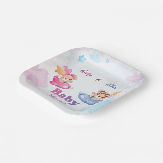 Assiettes En Carton Twins Girl Boy Bear Baby shower d'avion (Angulaire)