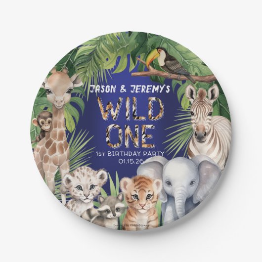 Assiettes En Carton Twins Wild one Navy bleu Jungle thème 1er annivers (Devant)