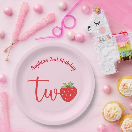 Assiettes En Carton Two Strawberry Birthday Pink (Fête)