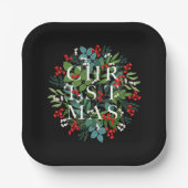 Assiettes En Carton Typographie de NOËL Baies et verdure (Recto)
