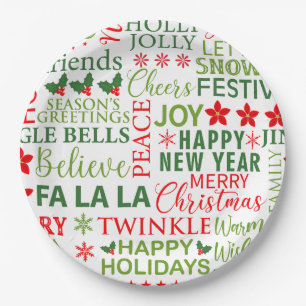 Assiettes En Carton Typographie de Noël rouge et vert sans couture
