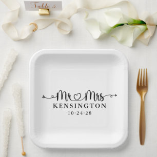 Assiettes En Carton Typographie de script Personnalisé M. Mme Mariage