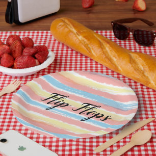 Assiettes En Carton Typographie des tongs jaune rose bleu rayures