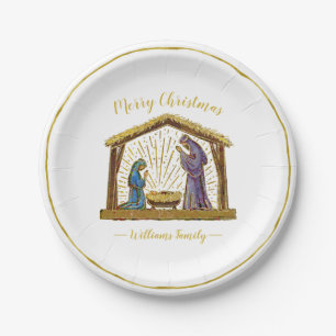 Assiettes En Carton Typographie d'or de Noël Nativité Manger