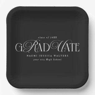 Assiettes En Carton Typographie Élégante Argent Ancien Diplôme Noir
