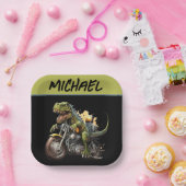 Assiettes En Carton Tyrannosaurus Rex Dinosaur Monter une moto (Fête)