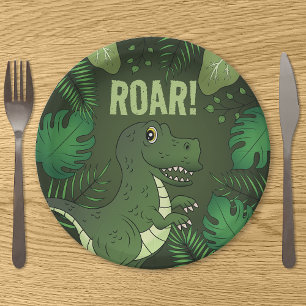 Assiettes En Carton Tyrannosaurus vert Rex T-rex Anniversaire tropical