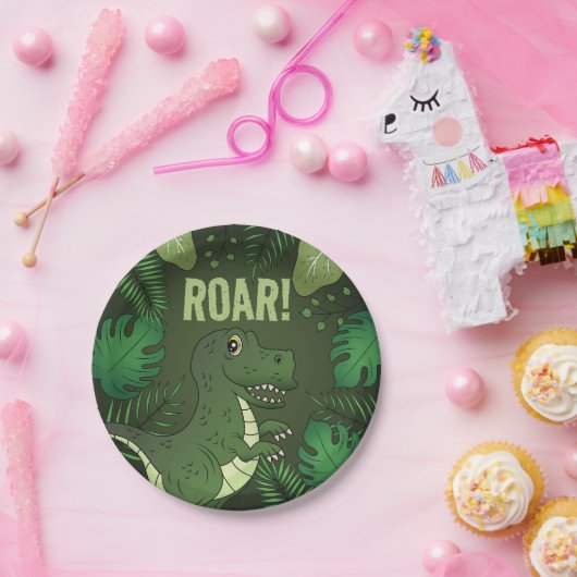 Assiettes En Carton Tyrannosaurus vert Rex T-rex Anniversaire tropical (Fête)