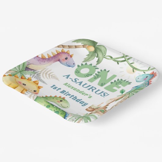 Assiettes En Carton Un A-Saurus Boy Dinosaur 1er anniversaire (Angulaire)