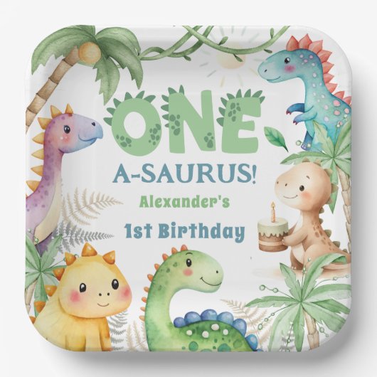 Assiettes En Carton Un A-Saurus Boy Dinosaur 1er anniversaire (Recto)