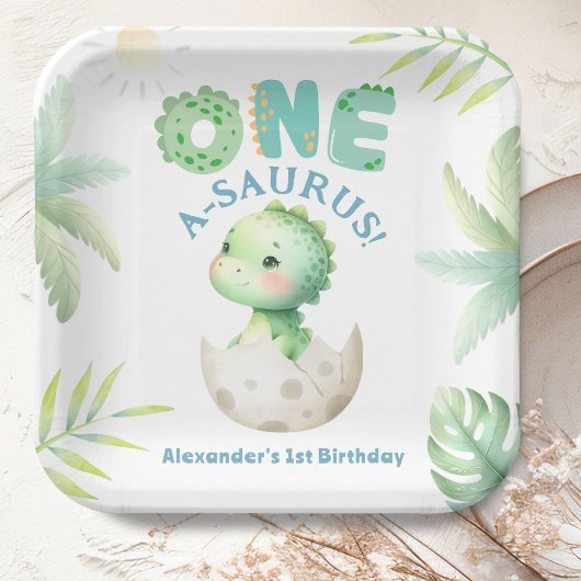 Assiettes En Carton Un A-Saurus Cute Dino Boy Dinosaur 1er anniversair