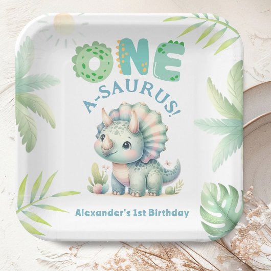 Assiettes En Carton Un A-Saurus Triceratops Dinosaur 1er anniversaire