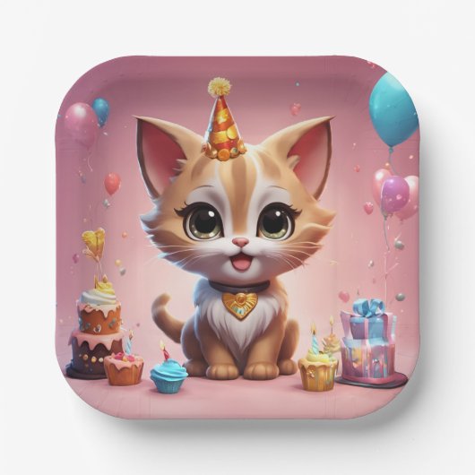 Assiettes En Carton Un adorable chaton qui fête son anniversaire (Recto)