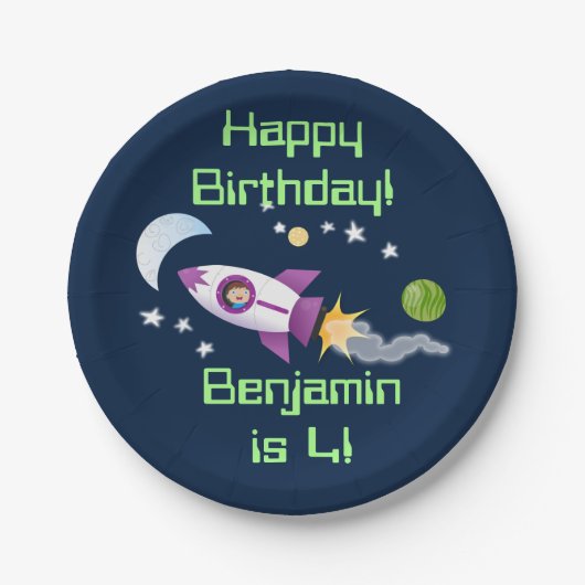 Assiettes En Carton Un adorable vaisseau-fusée dans l'espace dessin an (Devant)