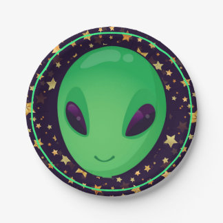 Assiettes En Carton Un Alien Vert Coup Sur Les Étoiles D'Or Amusant