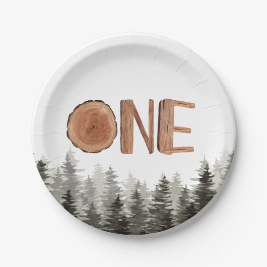 Assiettes En Carton Un arbre vert rustique 1er anniversaire (Devant)
