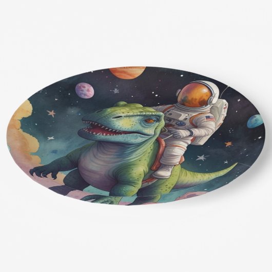 Assiettes En Carton Un astronaute sur Dino dans l'espace (Angle)