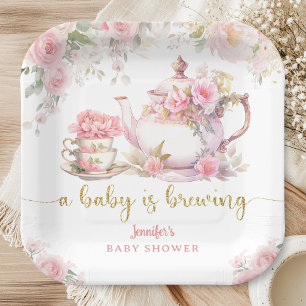 Assiettes En Carton Un bébé prépare un thé Baby Shower Floral rose