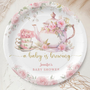 Assiettes En Carton Un bébé prépare un thé Fête prénatale Fleurs roses