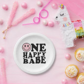 Assiettes En Carton Un bon bébé rose joyeux sourire fille 1er annivers (Fête)