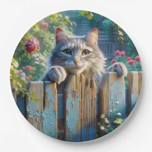 Assiettes En Carton Un chat qui regarde au-dessus d'une clôture (Devant)