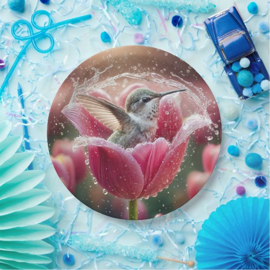 Assiettes En Carton Un colibri se balançant dans une tulipe (Fête)