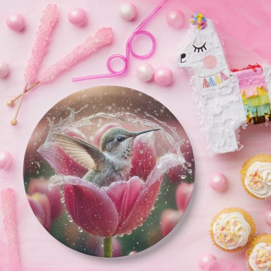 Assiettes En Carton Un colibri se balançant dans une tulipe (Fête)