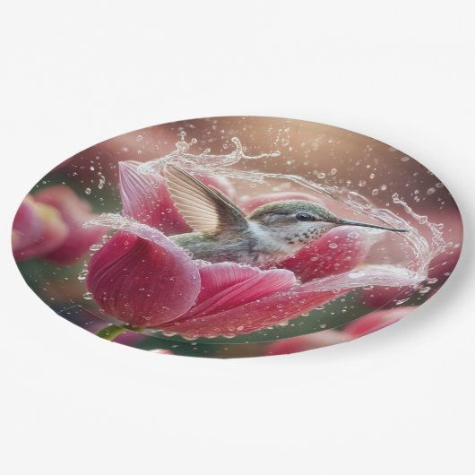 Assiettes En Carton Un colibri se balançant dans une tulipe (Angle)