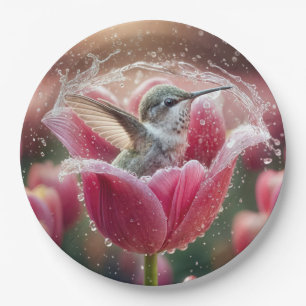 Assiettes En Carton Un colibri se balançant dans une tulipe