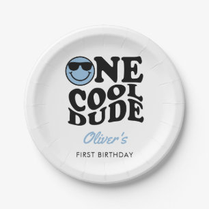 Assiettes En Carton Un Cool Dude Blue Retro Happy Face 1er anniversair